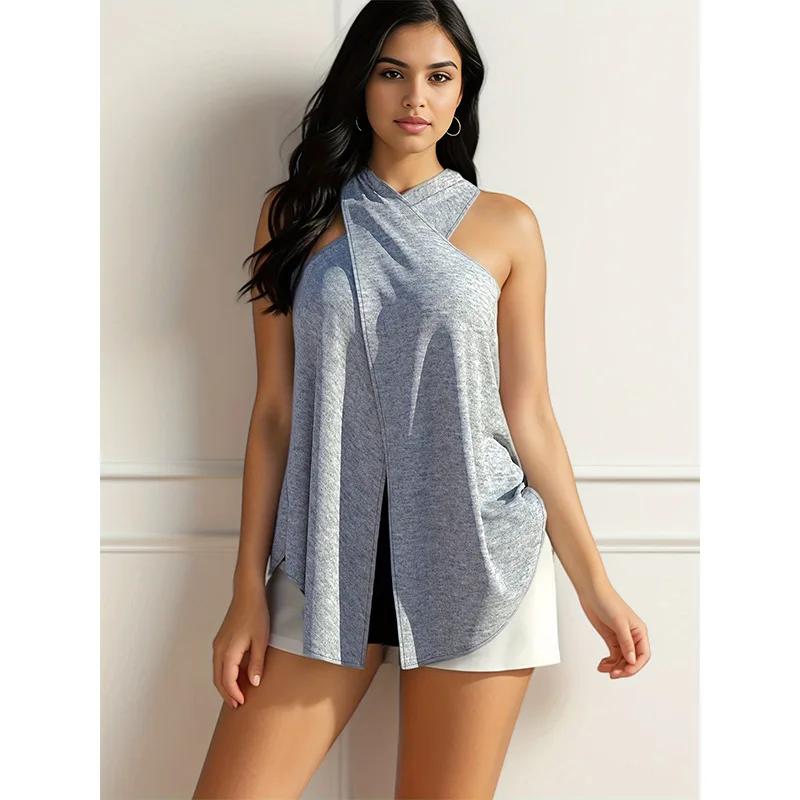 T-shirt sexy pour femmes, grande taille, nouveau modèle d'été, col suspendu, coupe ample, irrégulièr