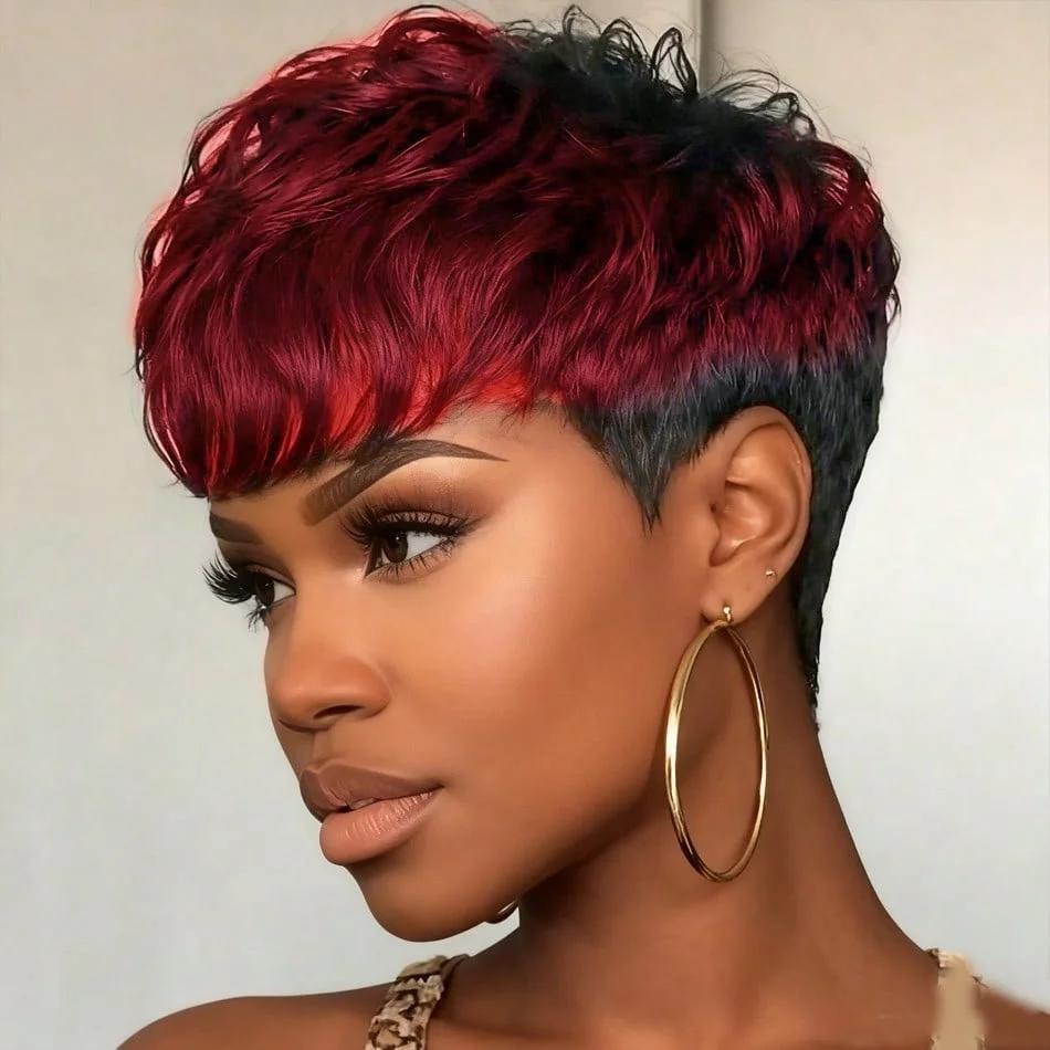 Perruque de cheveux humains droits coupe lutin courte avec frange cheveux péruviens coupe lutin en c