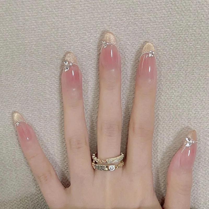 24 pièces amande Pure fait à la main presse sur les ongles couverture complète papillon français per
