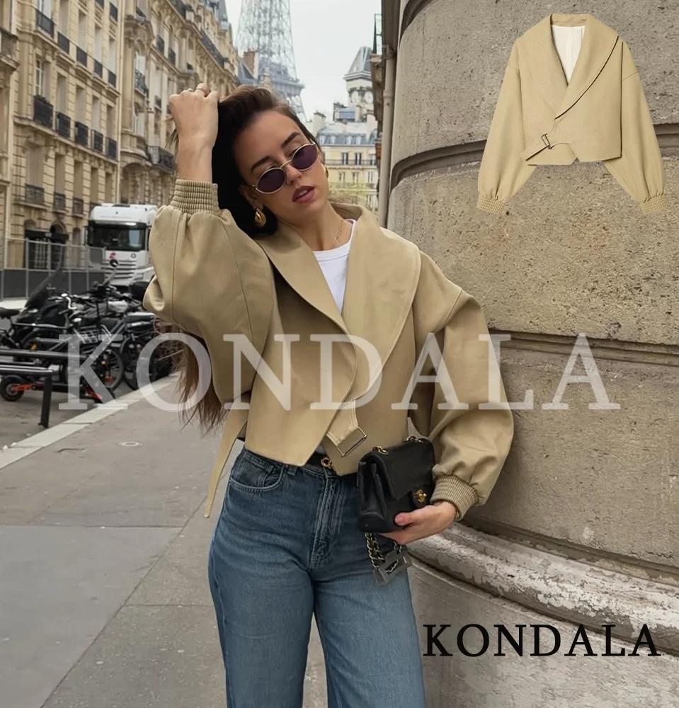 KONDALA Veste Courte Femme Urbaine Chic et Décontractée avec Ceinture, Style High Street, Élégante e