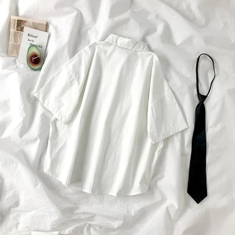 Chemise blanche pour femmes, chemisier à revers à manches courtes avec cravate, mode japonaise pour