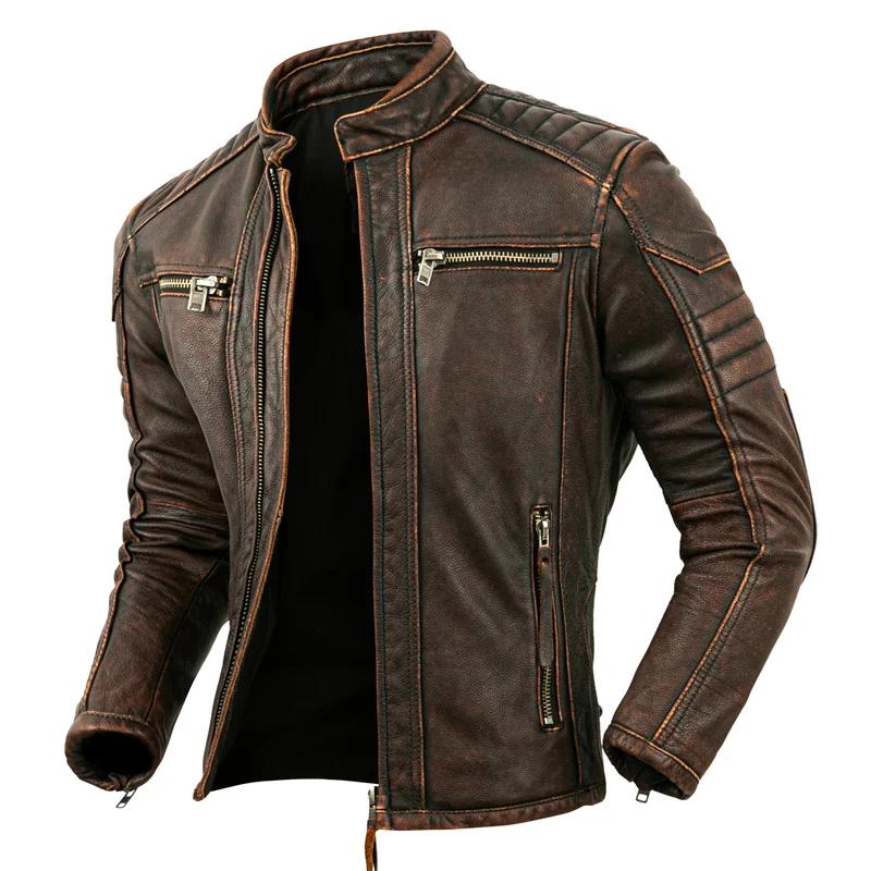 Veste de moto à col montant en cuir de vachette naturel pour hommes, vêtements de motard, marron rét