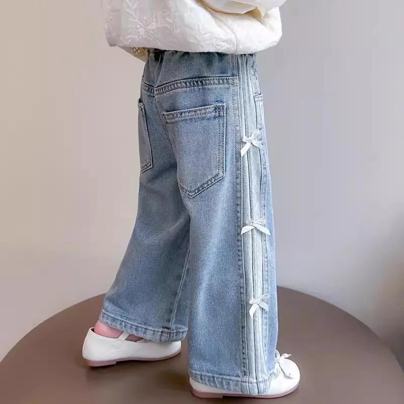 Jeans de printemps pour bébés filles, pantalon en denim à nœud pour enfants, pantalon droit à jambes