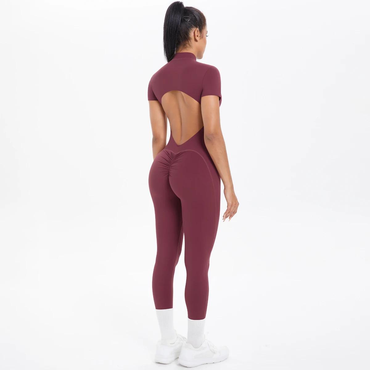 Combinaison de Fitness à manches courtes pour femmes, body dos nu, couleur unie, froissé, une pièce,