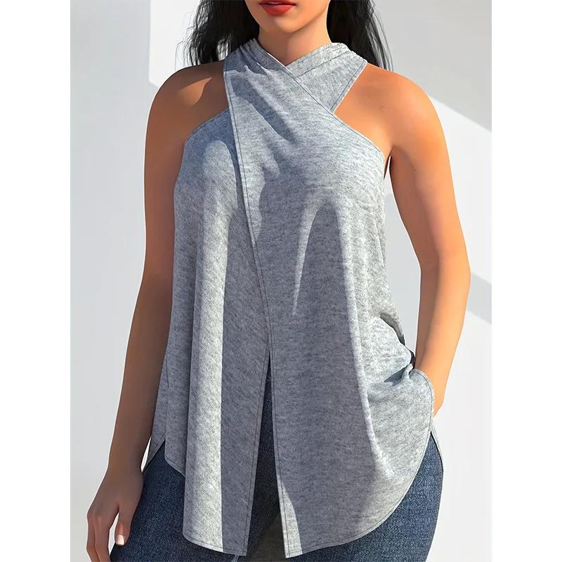 T-shirt sexy pour femmes, grande taille, nouveau modèle d'été, col suspendu, coupe ample, irrégulièr