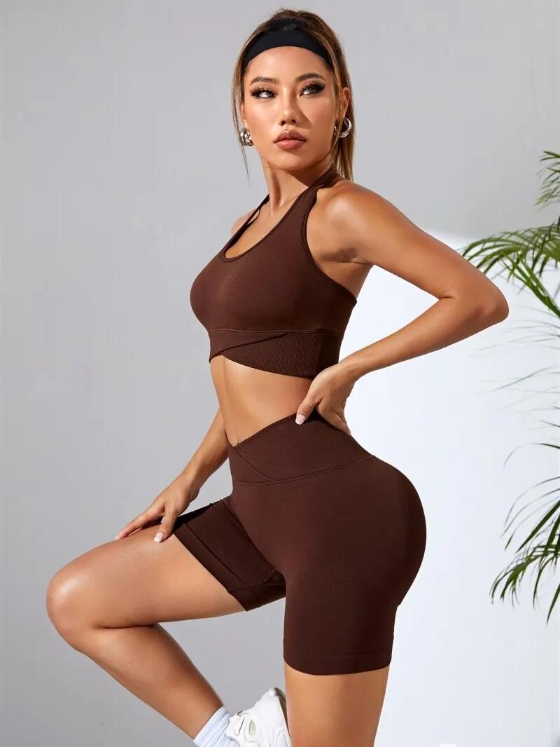 Ensemble fitness sexy 2 pièces sans coutures - Soutien-gorge sport + shorts yoga hip lift