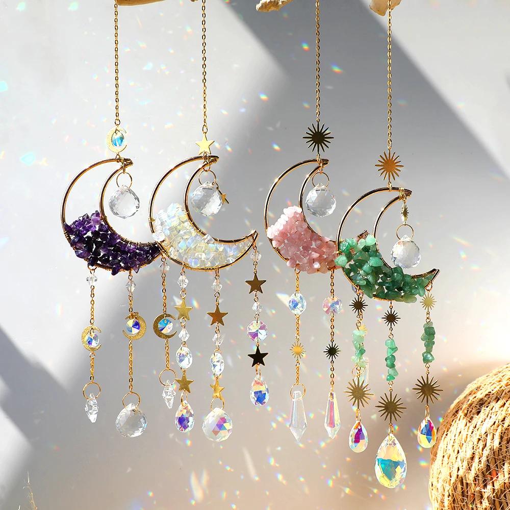 Attrape-rêves en cristal, attrape-soleil pour fenêtre intérieure, boule de prisme, lune, arc-en-ciel