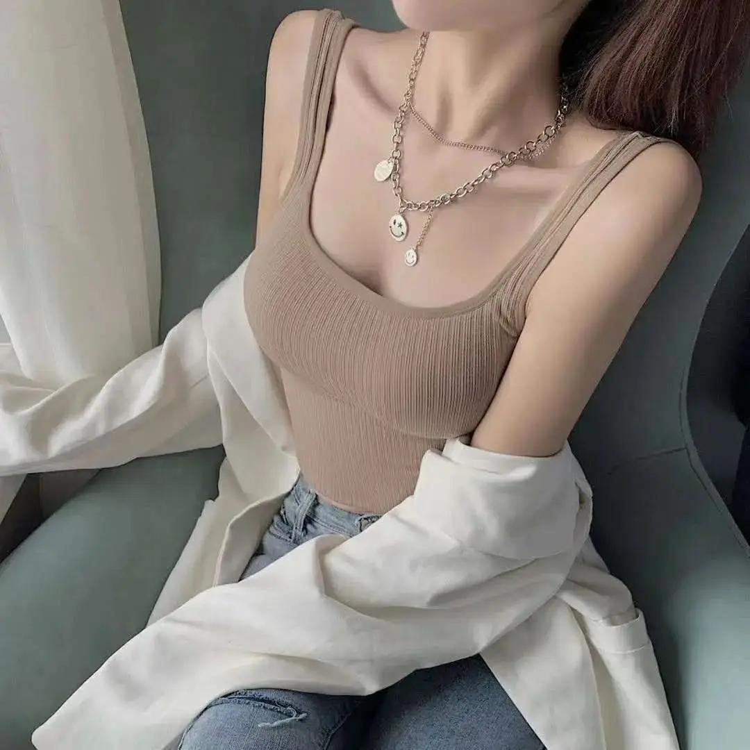 Crop top d'été pour femme, sans couture, col carré, bretelles larges, débardeur tricoté rayé, camiso