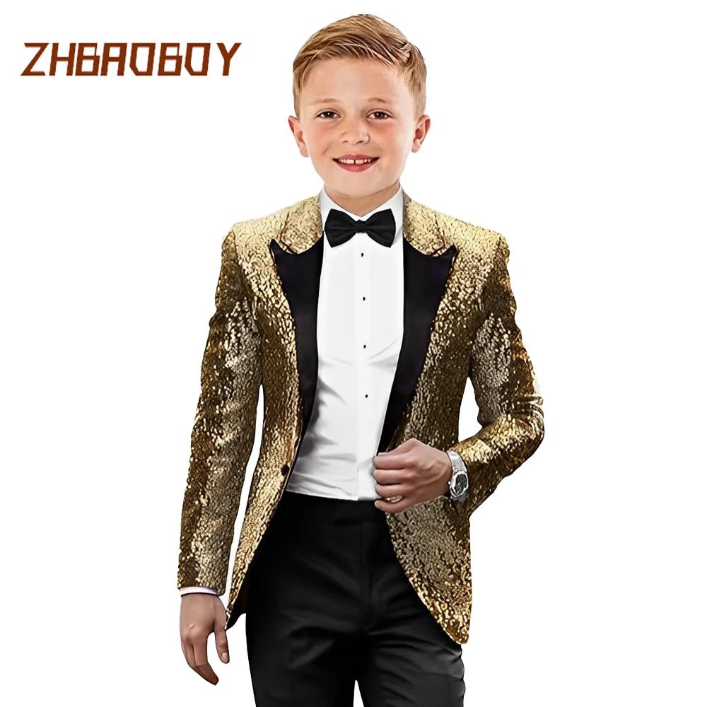 Costumes de smoking pour enfants, 2 pièces, à paillettes, coupe cintrée, vêtements formels, fête de