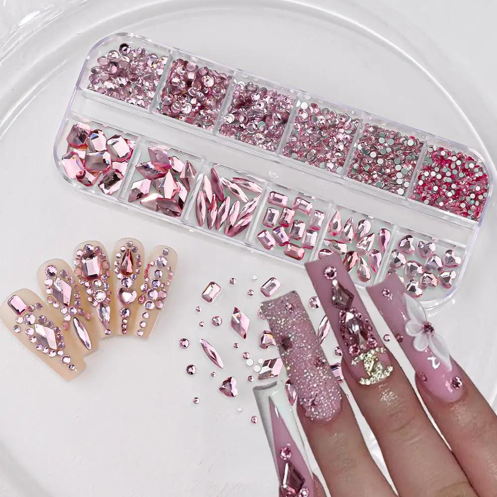 Strass 3D rose pour Nail Art, 12 grilles, pierres précieuses en verre à dos plat, décorations pour N