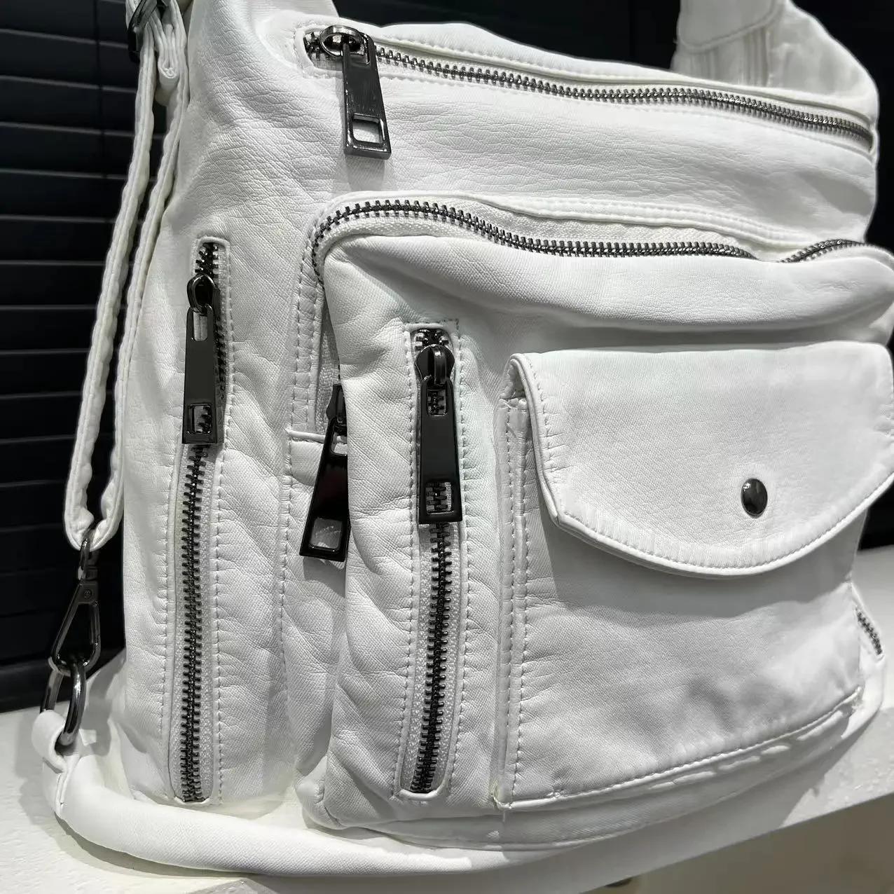 Sac à dos rétro multi-poches pour femme, sac à bandoulière délavé, initié à la moto, grande capacité