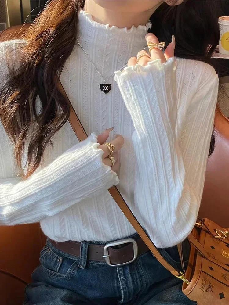Pull tricoté à manches longues et col roulé pour femme, couleur unie, à volants, décontracté, nouvel