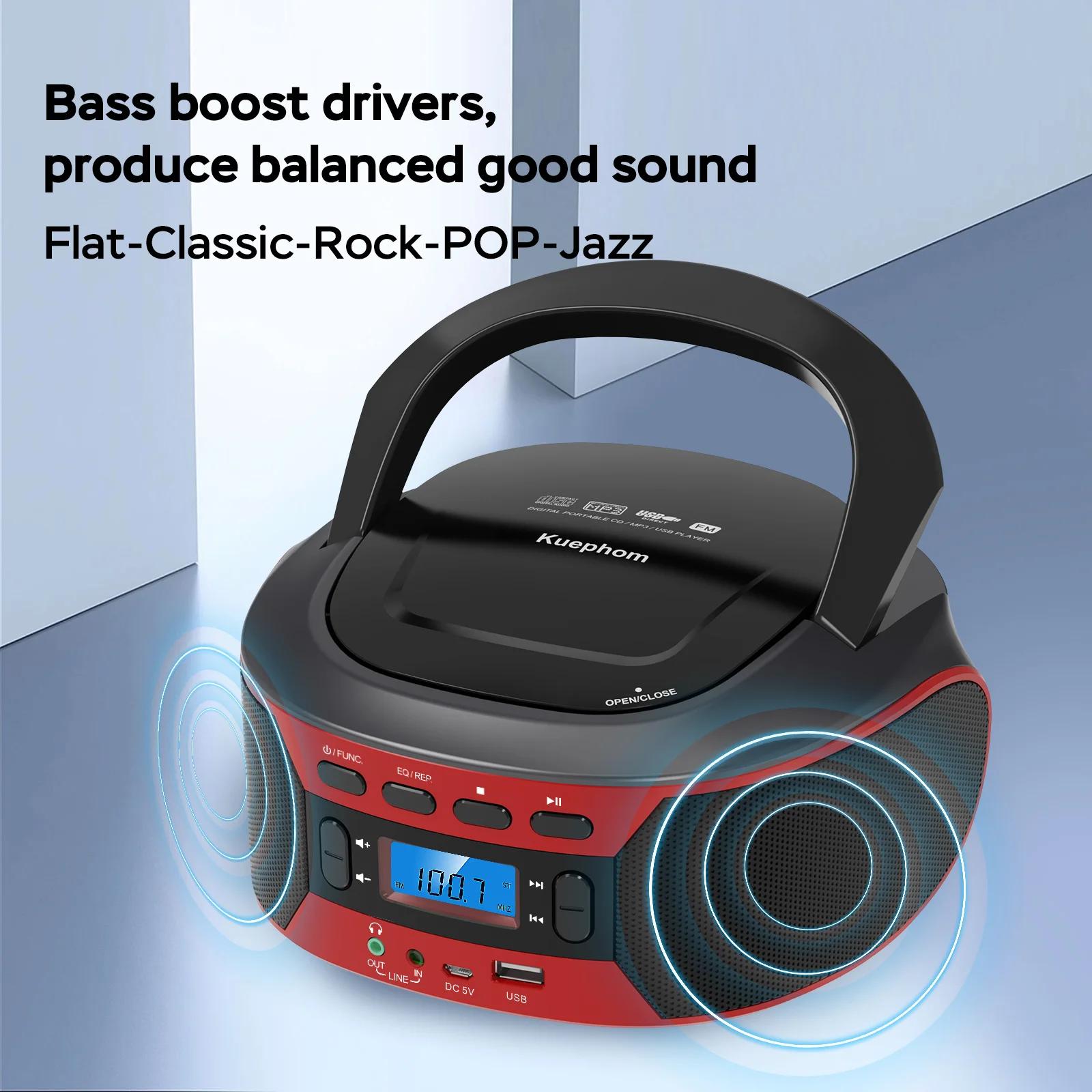 Boombox radio CD avec lecteur cd portable Bluetooth et USB avec EQ, alimentation AC et DC, affichage