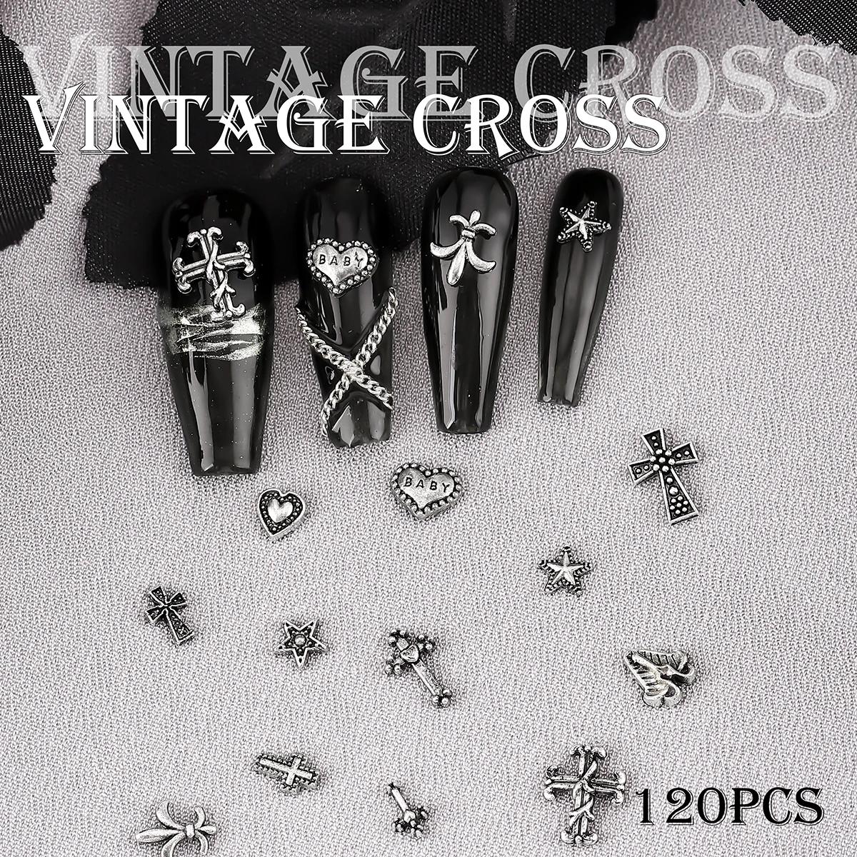 120 pièces/1 boîte européen américain foncé vintage style croix nail art patch y2k Premium métal Sty
