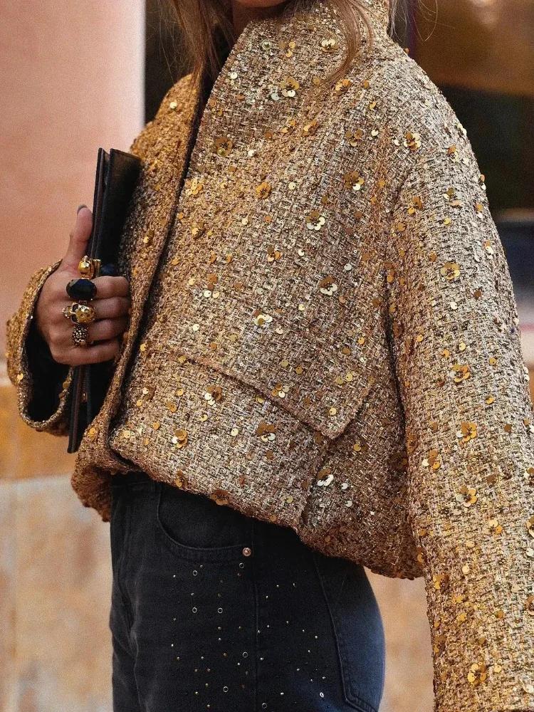 Blouson Bombardier à Paillettes pour Femme, Col Rond, Manches sulf, Poche, Ourlet Commandé, Manteau
