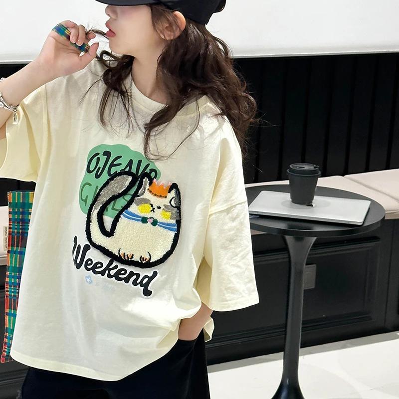 T-shirt à manches courtes pour filles, haut en coton pour enfants, vêtements d'été amples de style c