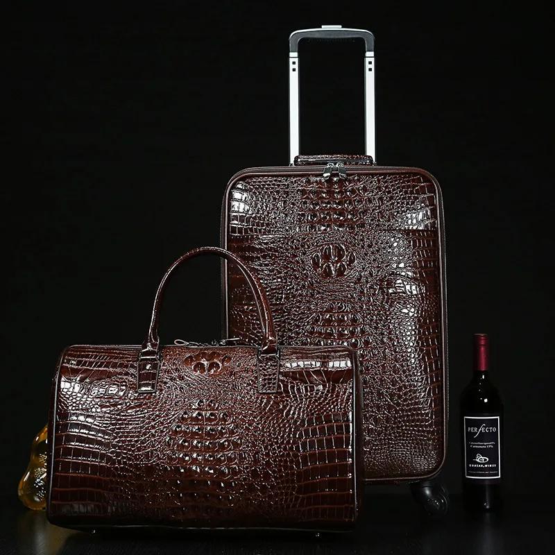 Valise de voyage en cuir véritable à motif crocodile pour homme, valise à roulettes, étui d'embarque