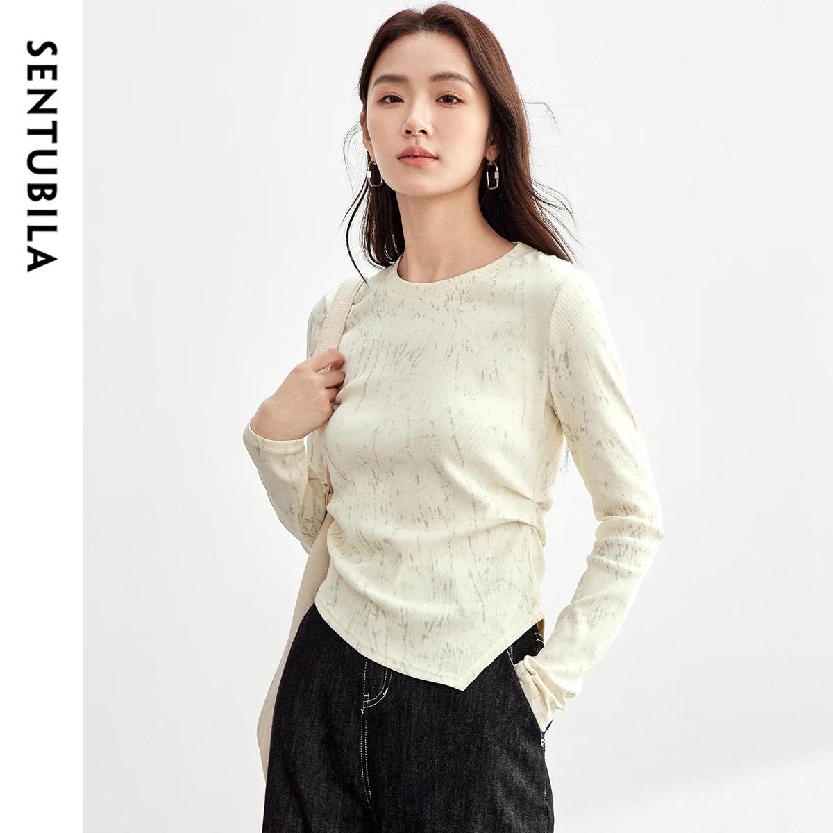 T-shirt en coton imprimé SENTUBILA pour femme, plissé irrégulier, tricoté, col rond, manches longues