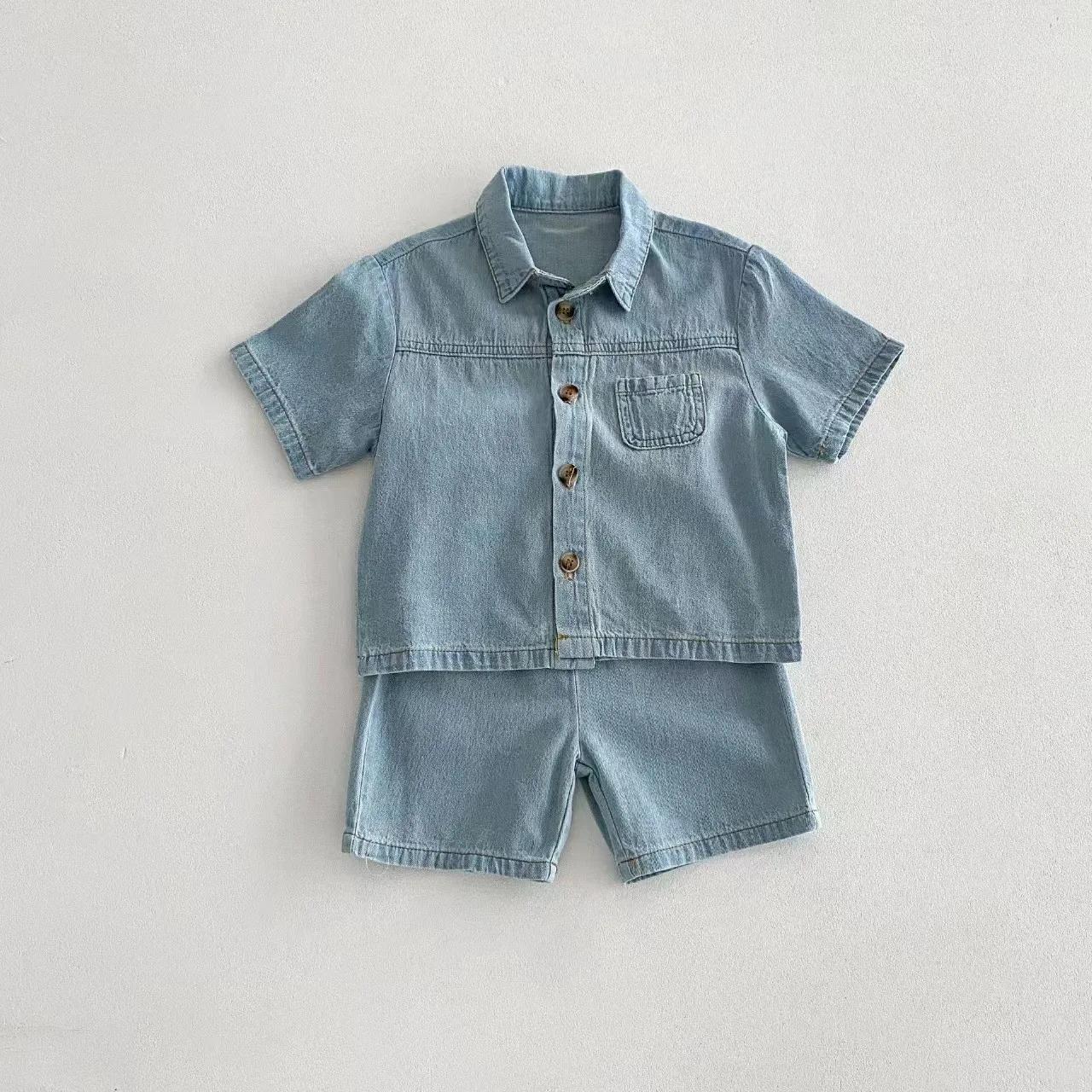 TZ2456 Ensemble de vêtements en jean pour enfants de style coréen, pantalon en jean à manches courte