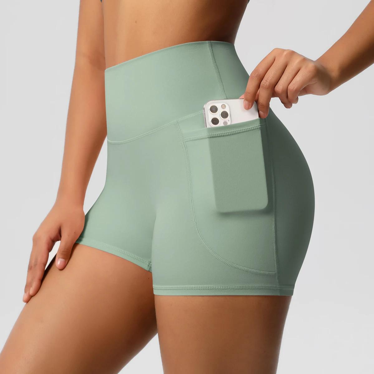 Short de Yoga femme en Nylon couleur unie - Avec poches pour cyclisme, course à pied et Pilates