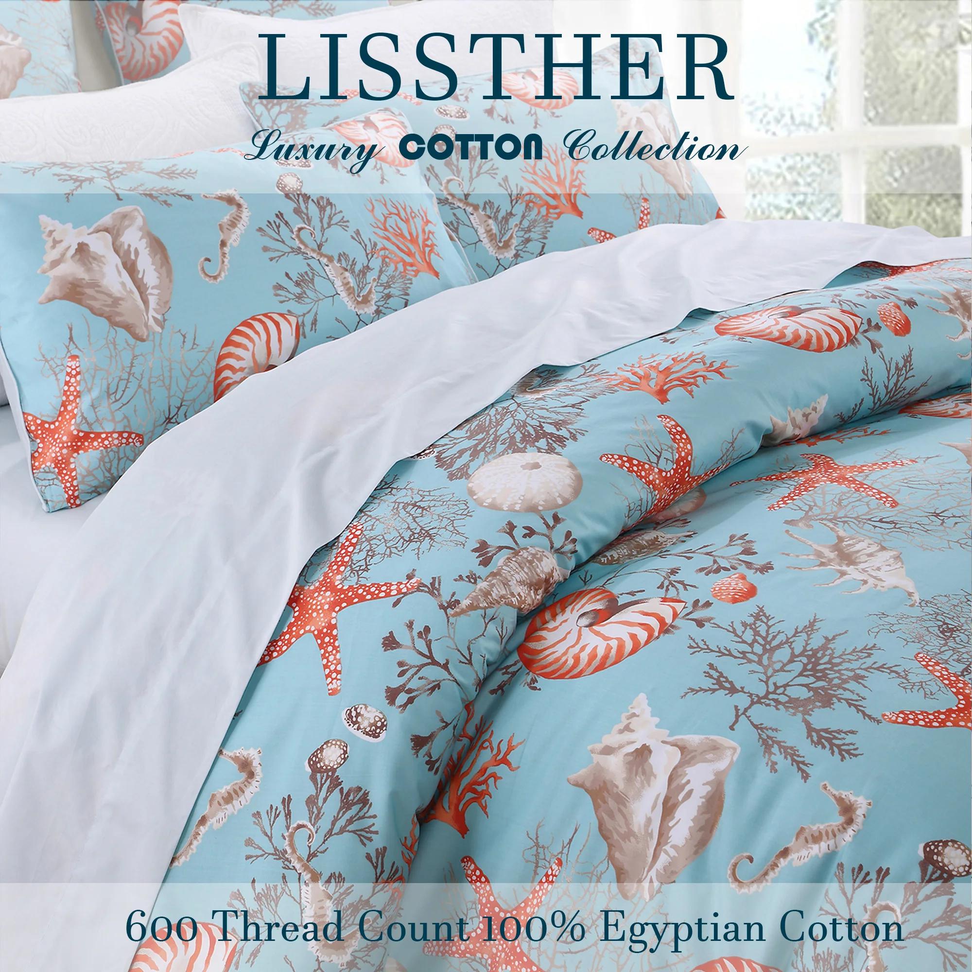 Ensemble de housse de couette 100% coton égyptien 600TC, 3 pièces, thème sous-marin bleu Vintage, do