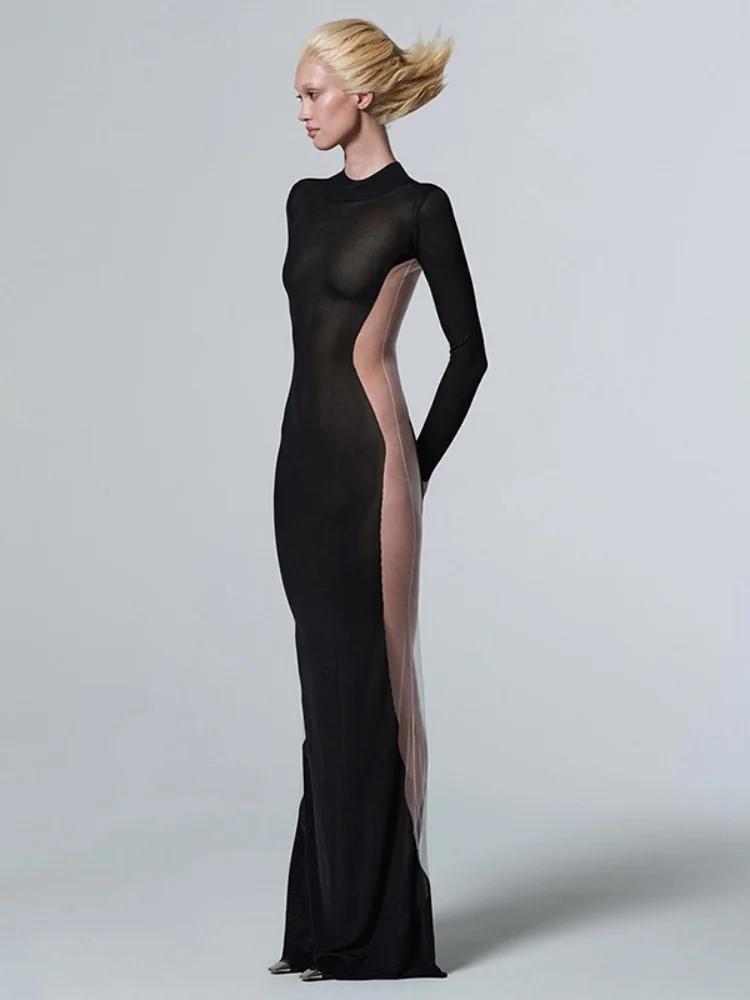 Robe transparente noire pour femme, pull long tambour, vêtements slim, streetwear sexy, patchwork en