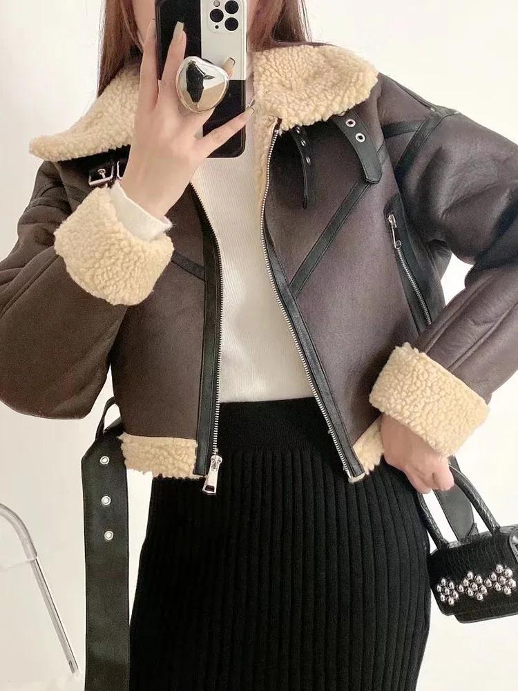 Ailegogo hiver femmes Streetwear fausse fourrure d'agneau veste courte avec ceinture Moto Biker épai