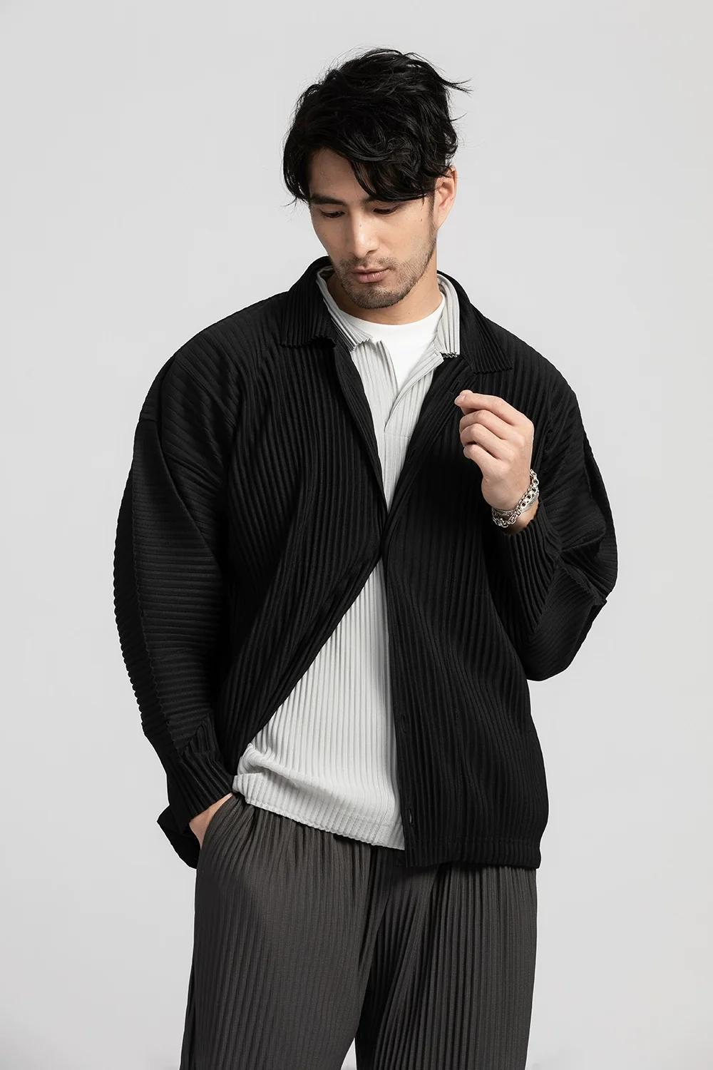 Miyake chemise plissée chemise à revers noir à manches longues t-shirt pour hommes manteau décontrac