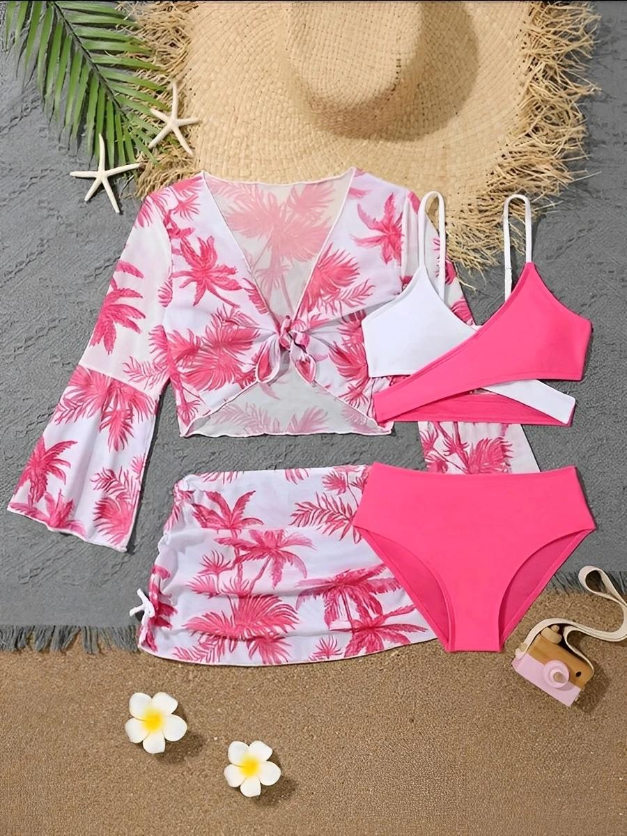 Ensemble 4 pièces haut de bikini et jupe 2026 pour filles, maillot de bain taille haute pour enfants
