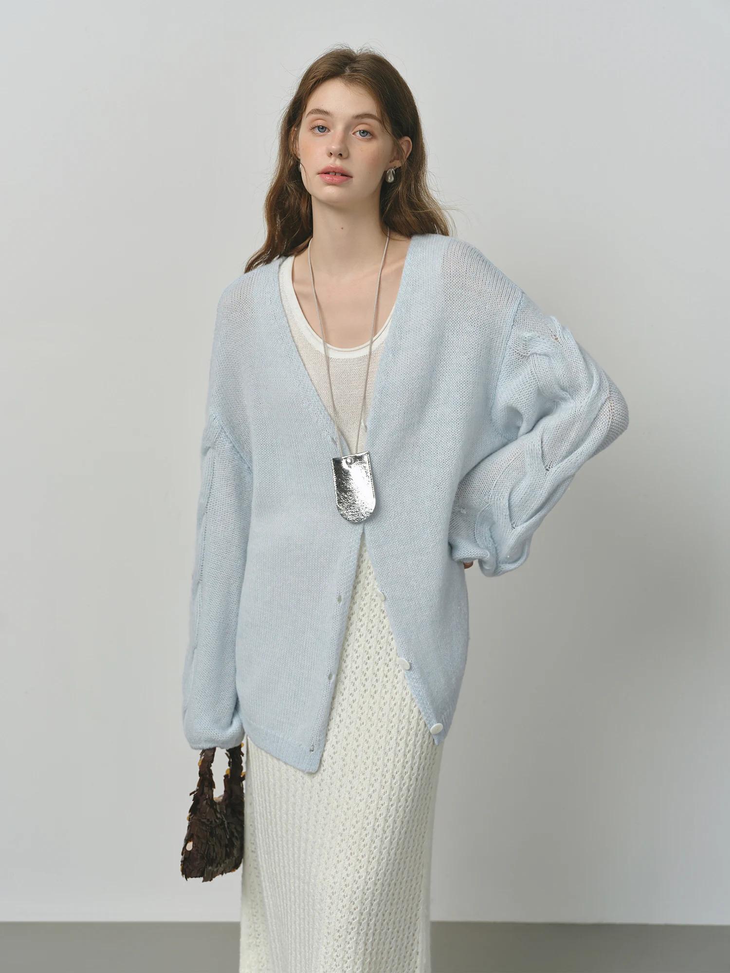 FSLE laine d'alpaga lâche paresseux câble tricoté col en v Cardigan veste femme automne 2025 nouveau