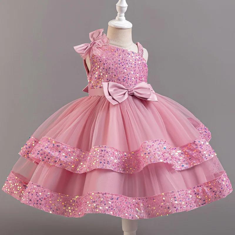 Robe de princesse en maille pour filles, avec nœud à paillettes, col irrégulier, pour fête d'anniver
