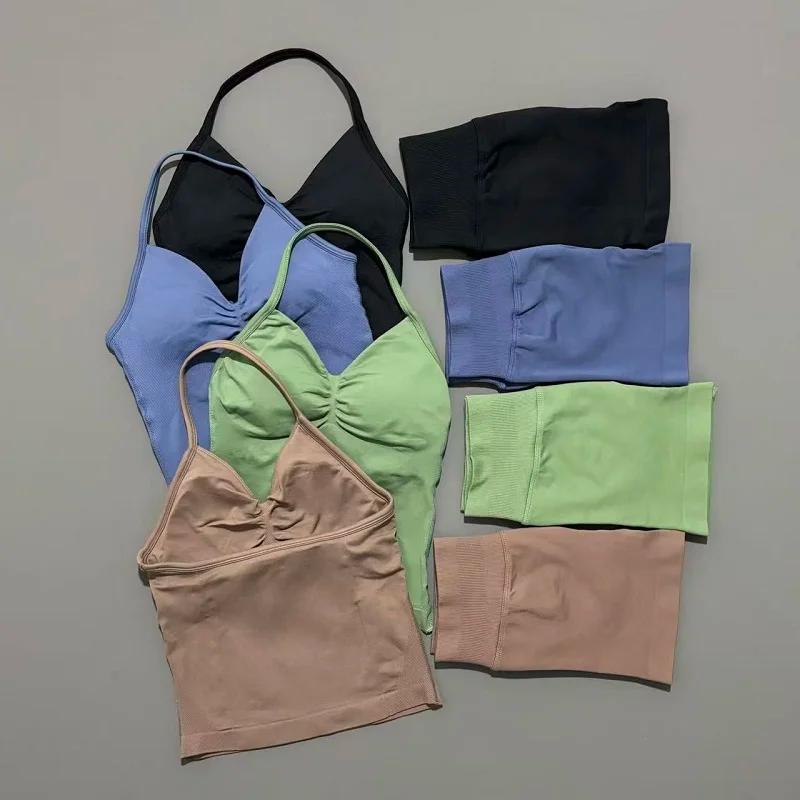 Yoga 2 pièces ensemble de gymnastique femmes dos nu haut à licou taille haute sans couture Shorts co
