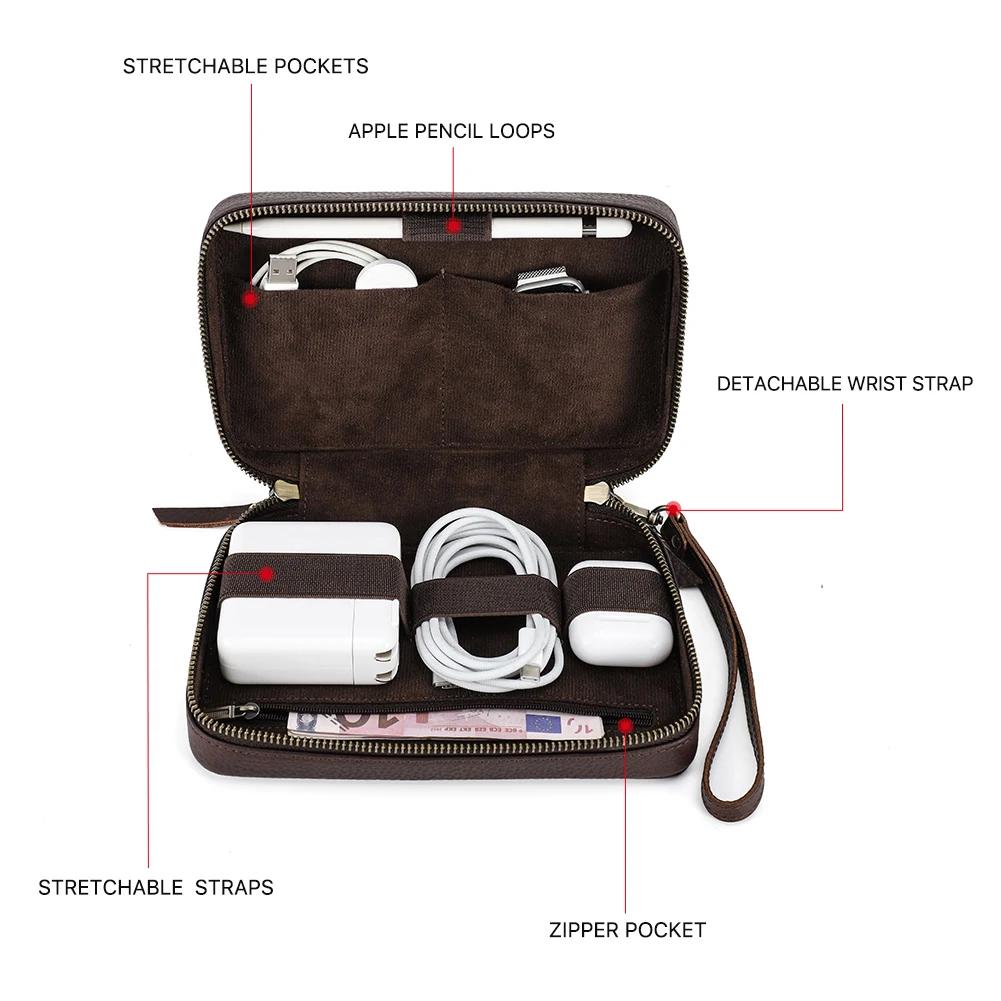 Sac de rangement portable en cuir véritable pour câble de données USB, étui pour écouteurs, accessoi