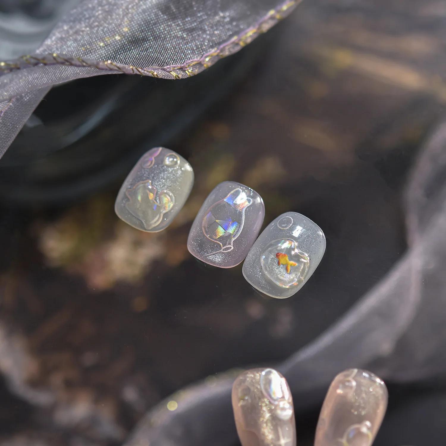 Autocollants de décoration d'ongles à bulles souffantes brillantes, coquille 5D légère, amour chat,