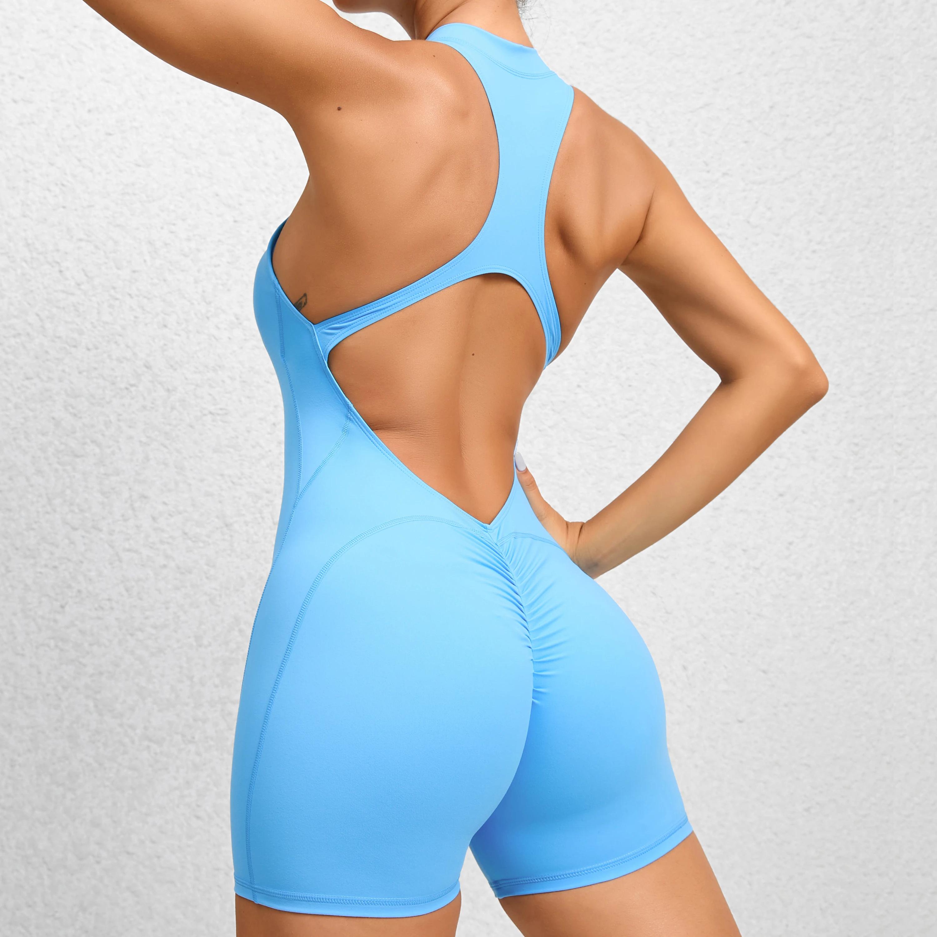 Femmes Yoga V dos nu combinaison entraînement body sans manches gymnase moulante vêtements de sport