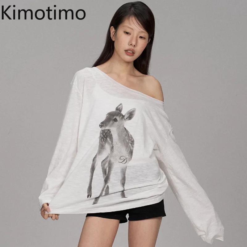 Kimotimo T-shirt Femme Été Imprimé Épaules Dénudées Manches Longues 2026 Nouveau Décontracté Transpa
