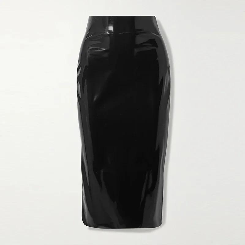 Jupe Misi en Faux Latex pour femmes, taille haute, en cuir verni brillant, crayon, fermeture éclair,