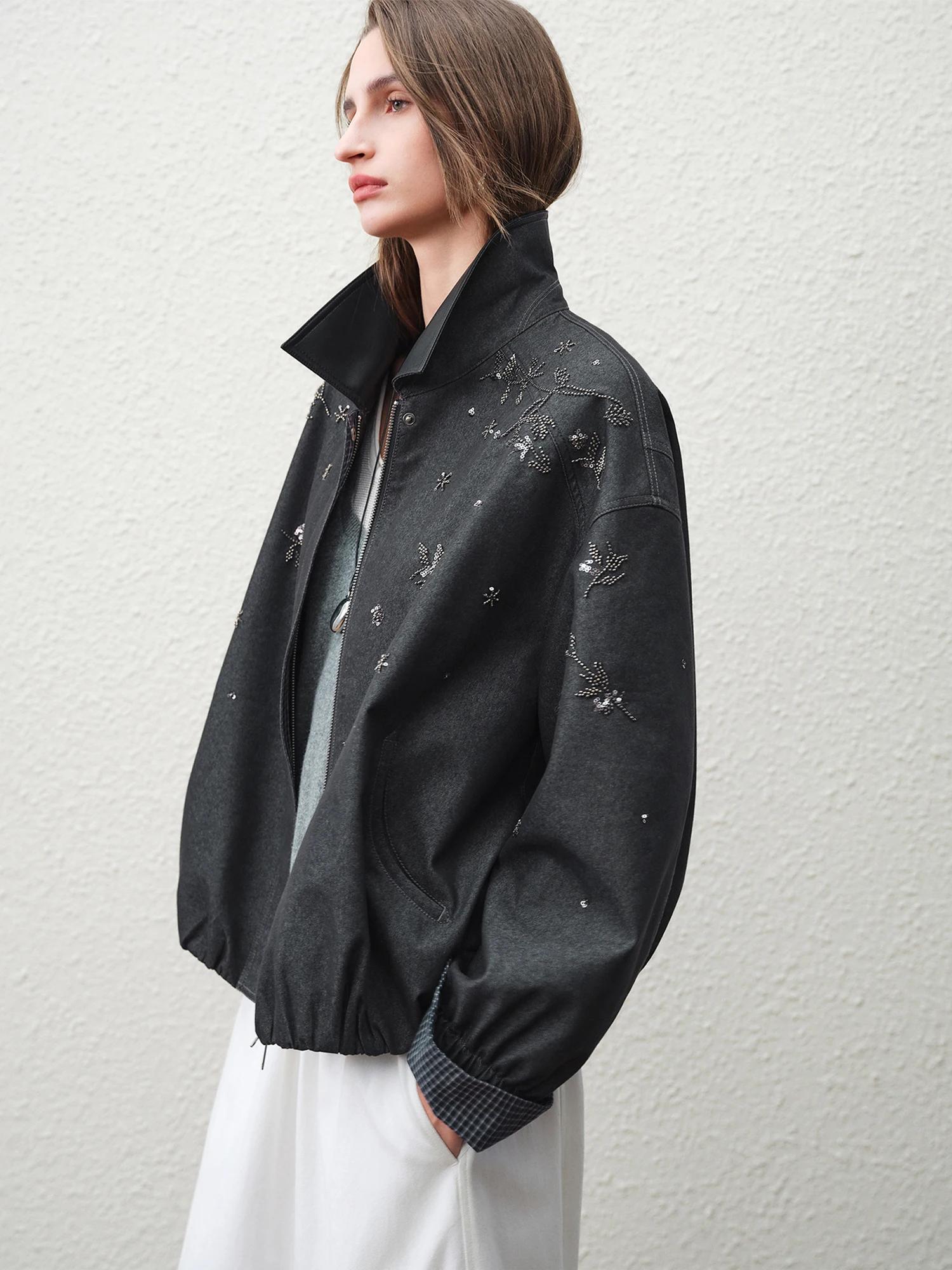 FSLE 【Série Premium】 2026 Manteau pour femme perlé à col en cuir, à manches longues, coupe ample, de