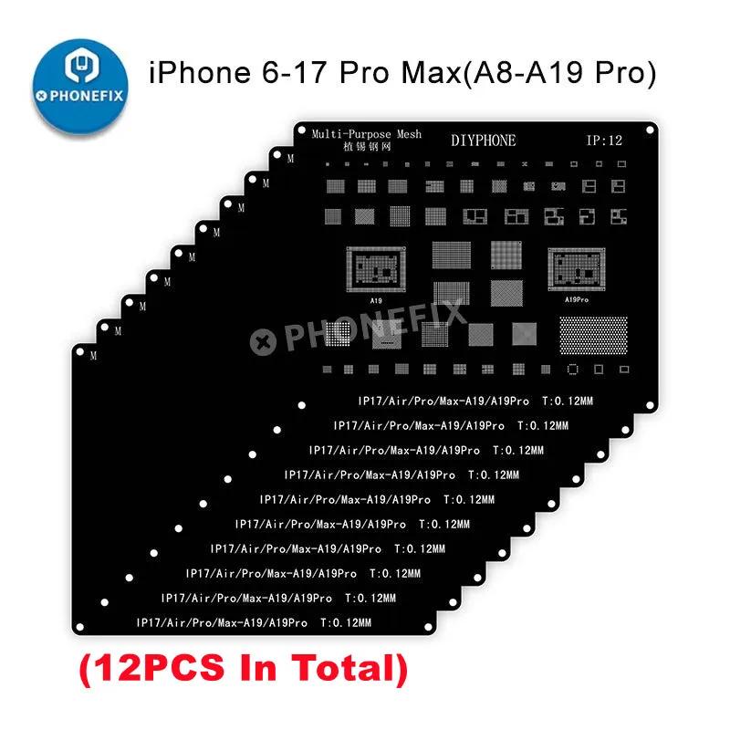 Kit de pochoirs de reballage DIYPHONE BGA pour iPhone 17 16 15 14 13 13mini 11 12 Pro Max, filet à s
