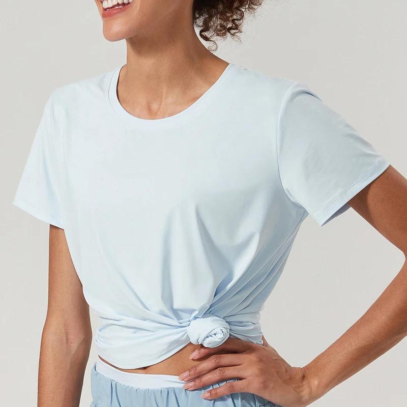 T-shirt de yoga à manches courtes pour femmes, tissu super commandé, chemise de gym respirante, haut
