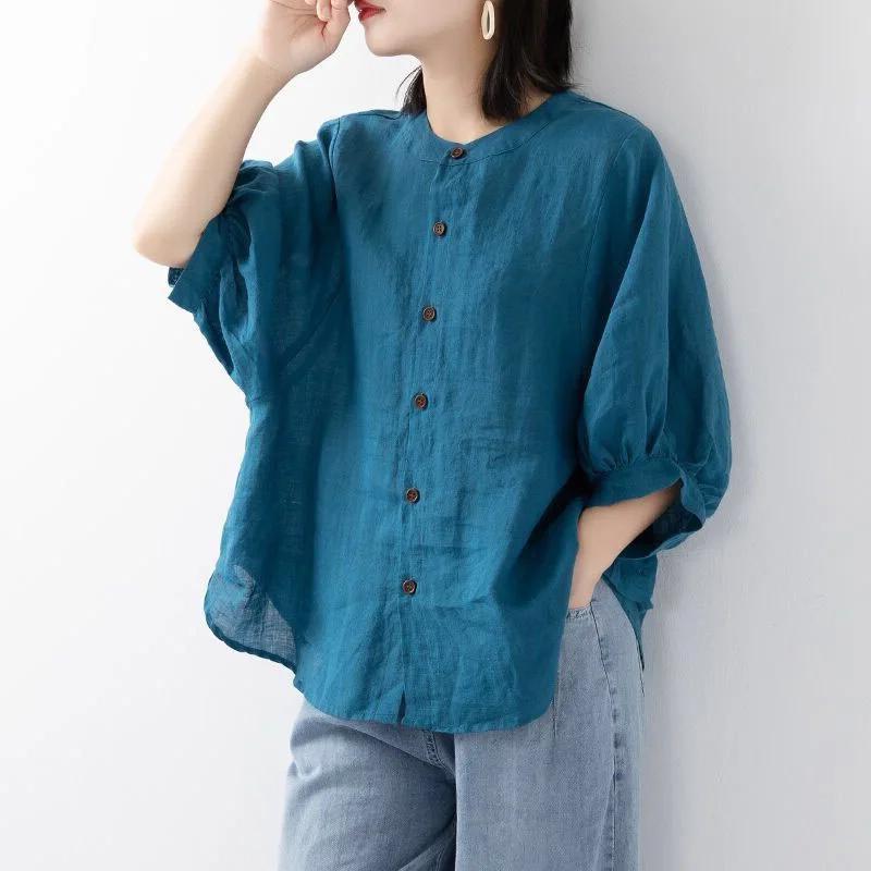 Chemise en coton et lin pour femmes, haut fin, couleur unie, manches lanternes, col montant, ample,