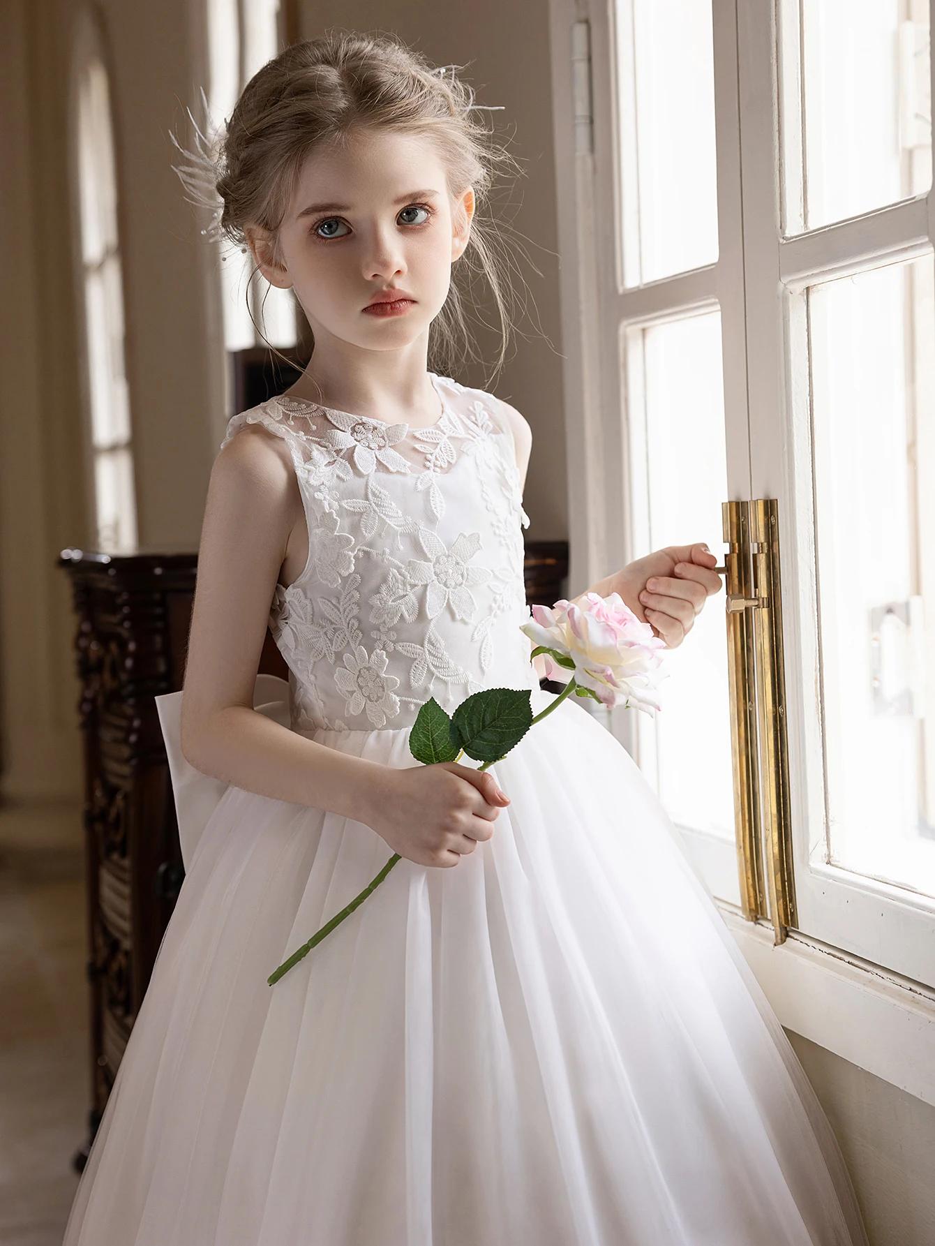 Robe de mariée en gaze blanche pour adolescentes, broderie en dentelle, grand nœud, robe de soirée g