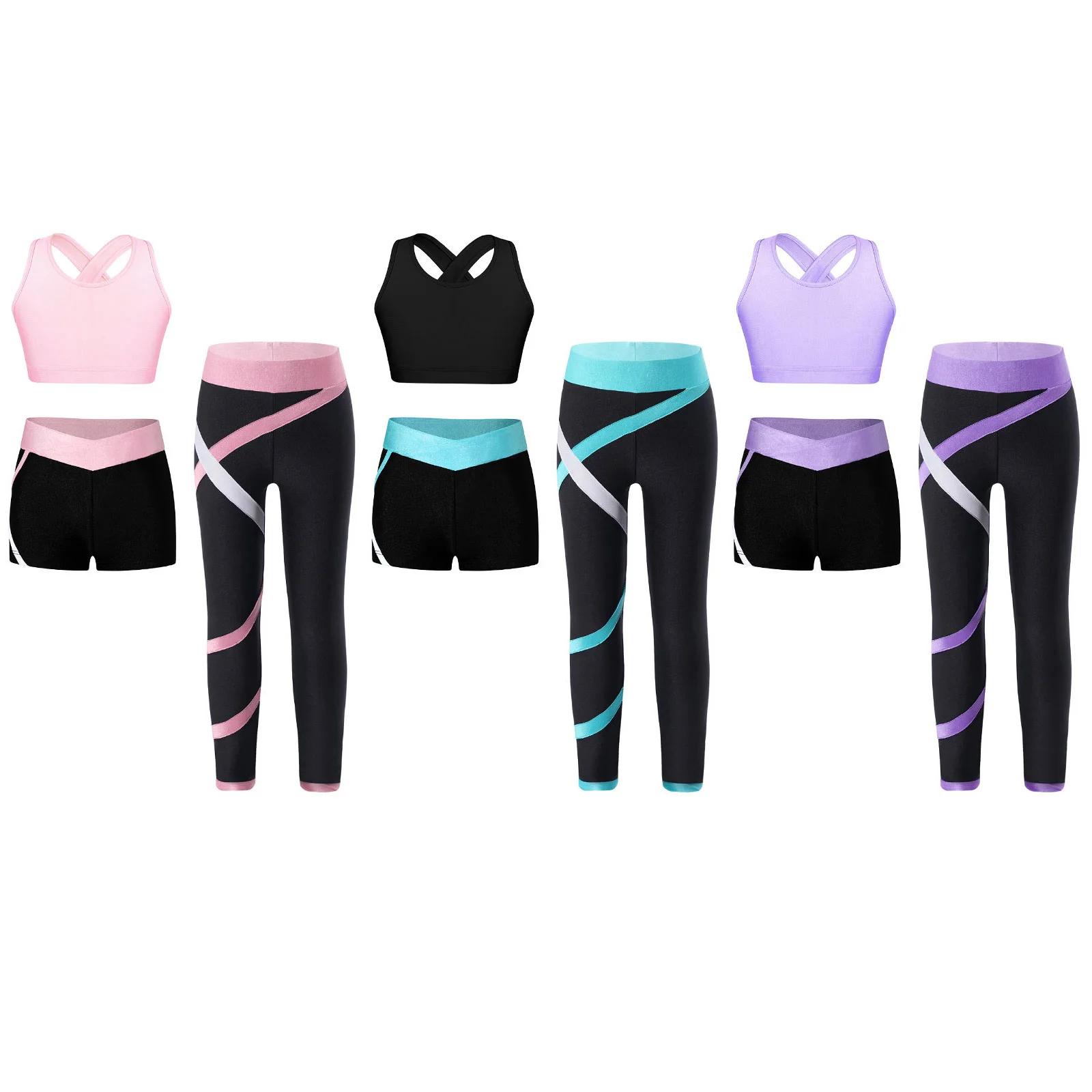 Ensemble de sport de yoga pour filles, 3 pièces, dos croisé, trou de serrure, vernis court, pantalon