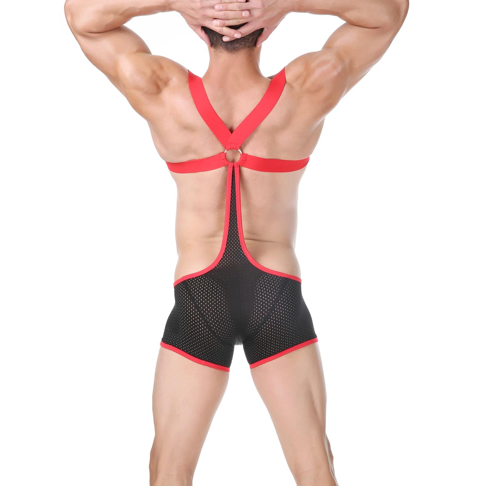 Hommes lutte Singlet respirant maille combinaison Fitness sport justaucorps sous-vêtements homme dos