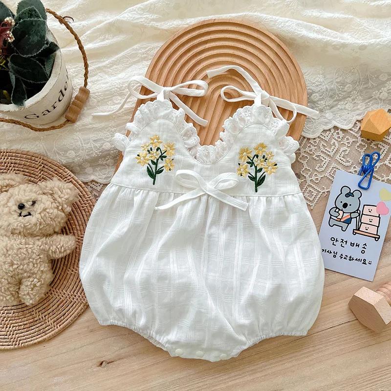 2025 été charmant sans manches nœud papillon fleur brodé infantile nouveau-né filles une pièce body