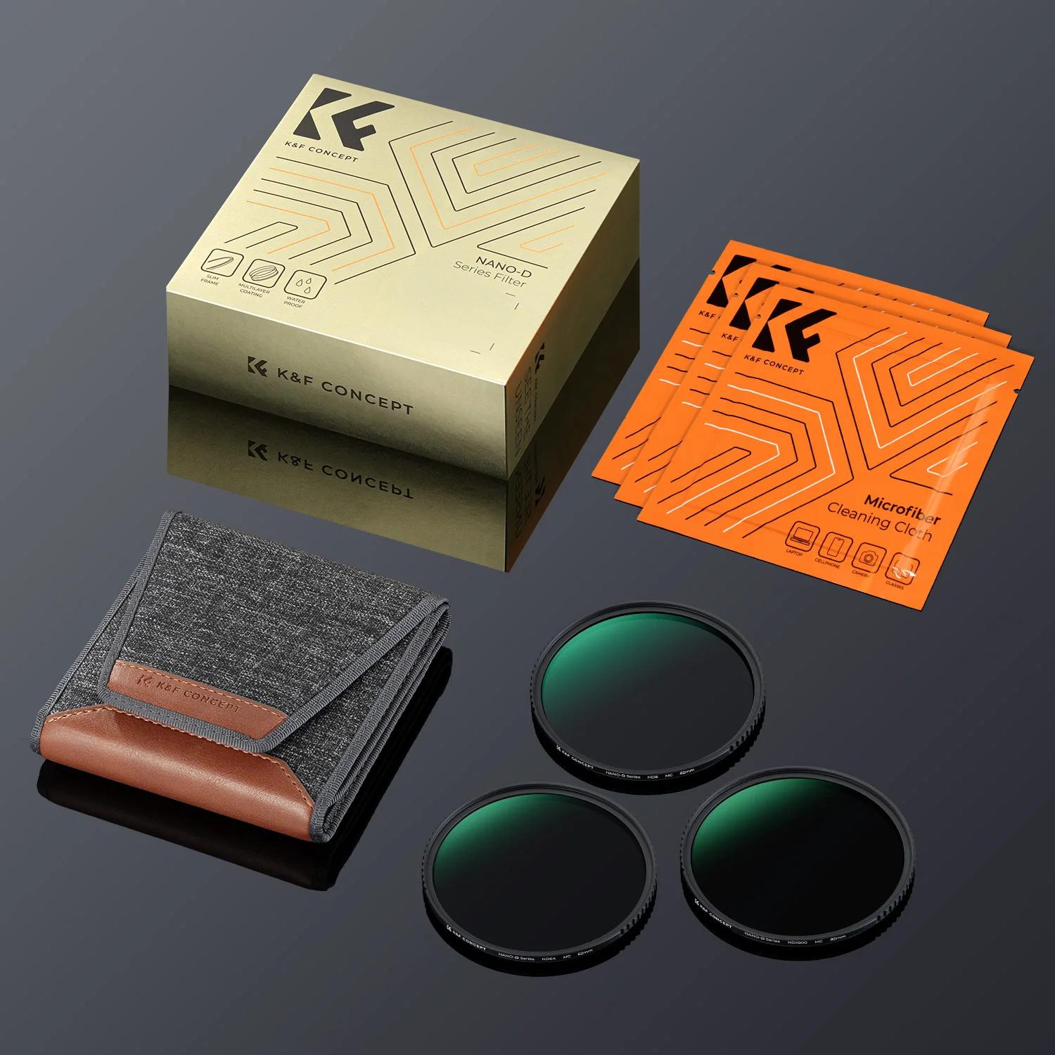 Kit de filtres pour objectif K&F CONCEPT ND8 ND64 ND1000 49-82 mm avec 3 chiffons de nettoyage sous