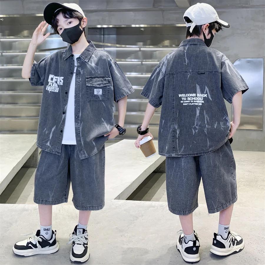 Ensemble d'été cool pour garçons, haut et bas en denim, chemise à manches courtes et short, 2 pièces