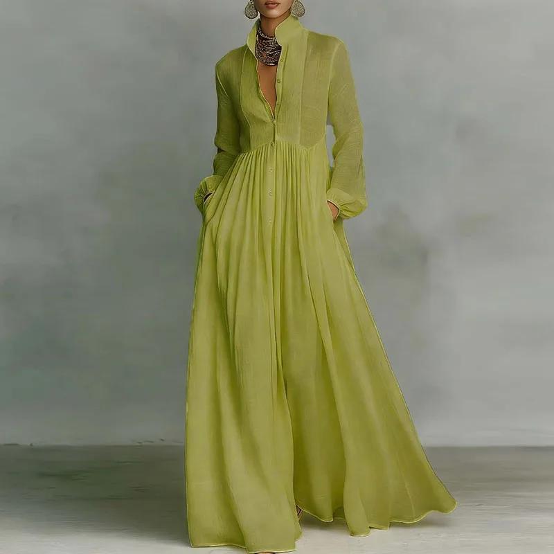 Robe longue élégante à taille haute pour femme, style swing, avec poches, plissée, pour le printemps