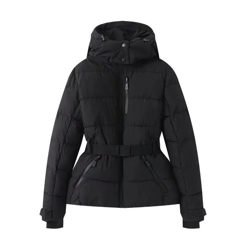 Manteaux Parkas de Sport rembourrés à capuche pour femmes, taille haute, avec ceinture, élégants, ép