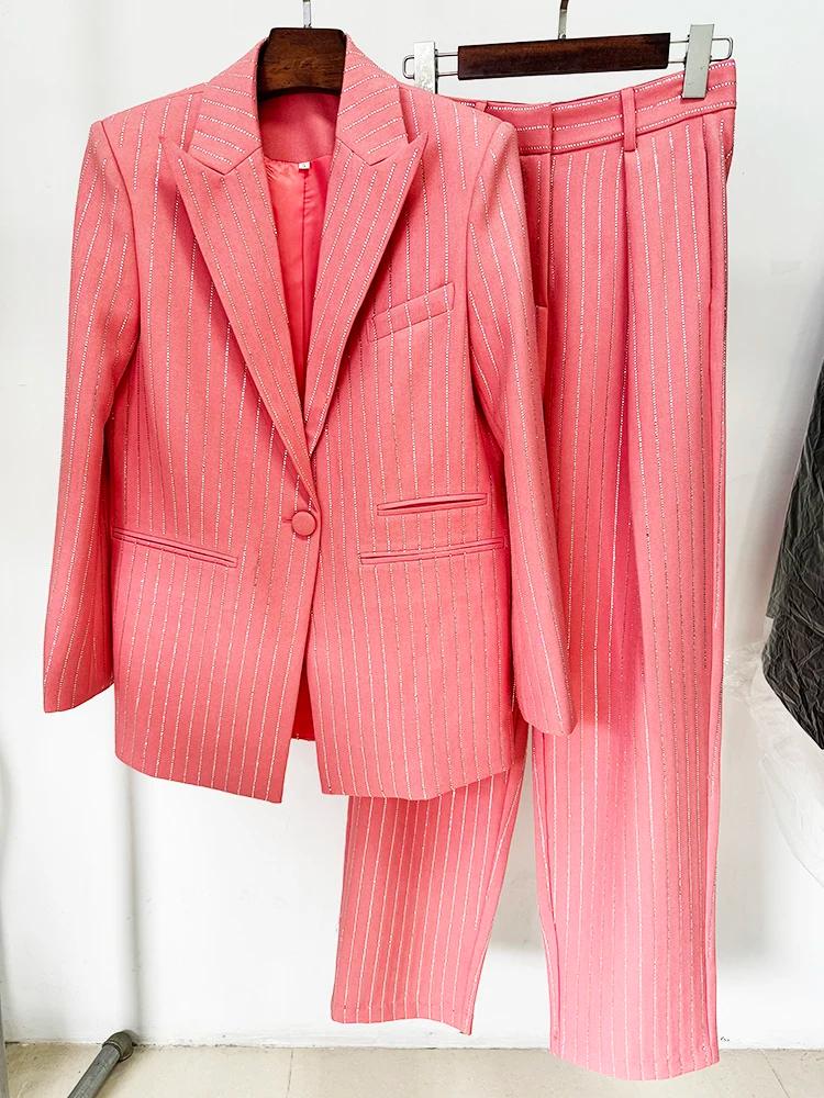 Ensemble de costume de créateur HIGH STREET, nouveauté 2026, pour femme, blazer à un bouton, rayures